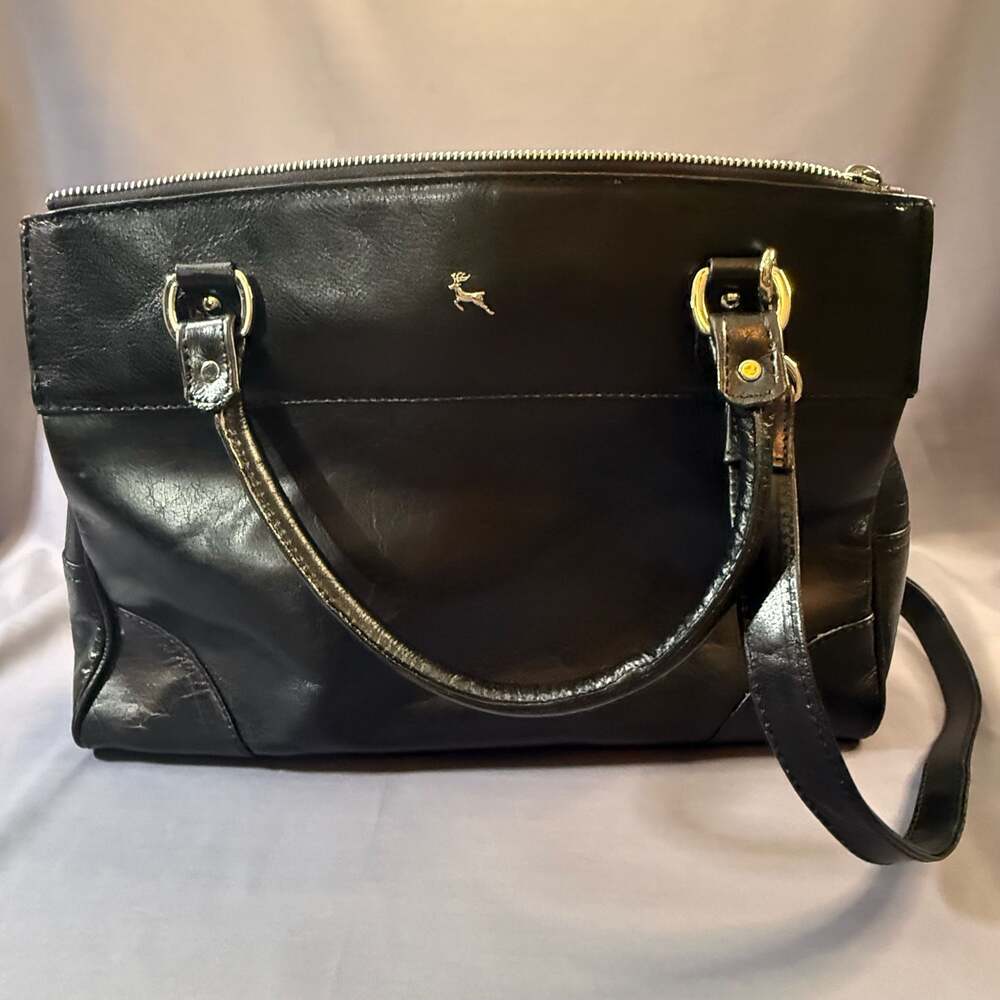 Ashwood Black Genuine Leather Multi-Zip Satchel Handbag with Stag Logo